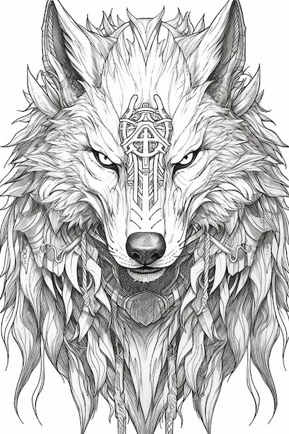a drawing of a wolf with a cross on its head generative ai