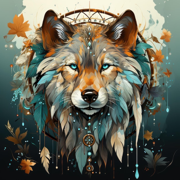 A drawing of a wolf with a dream catcher Digital image