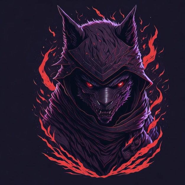 A drawing of a wolf with a red face and a black mask.