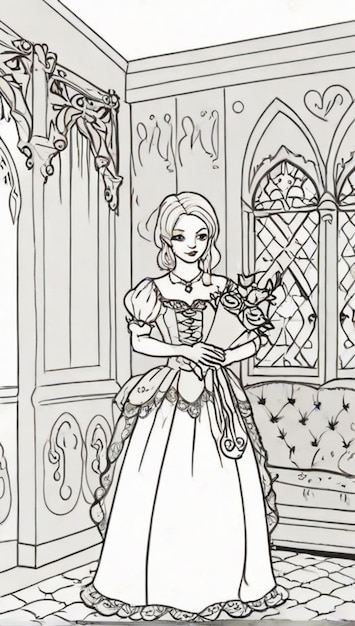 a drawing of a woman in a castle with a bouquet of flowers