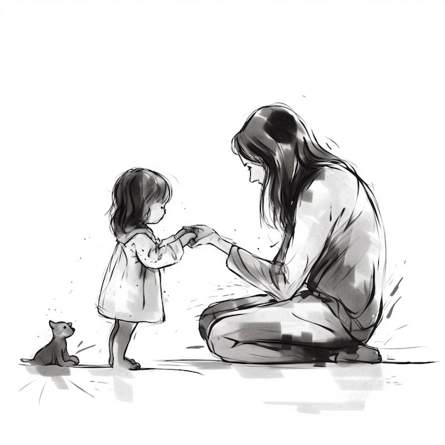 A drawing of a woman and a child are playing with a cat generative ai