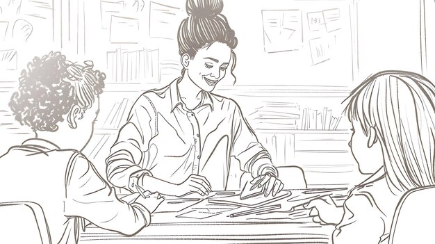 Photo a drawing of a woman in a classroom with a pen and paper