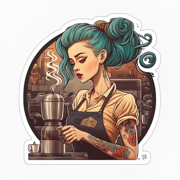 a drawing of a woman cooking in a kitchen with a pot of a pot of coffee.