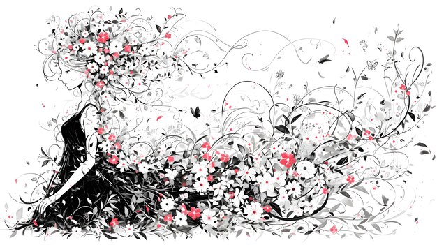 Photo drawing woman covered in flowers