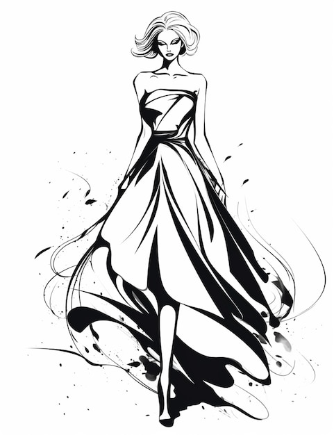 A drawing of a woman in a dress walking down a runway generative ai
