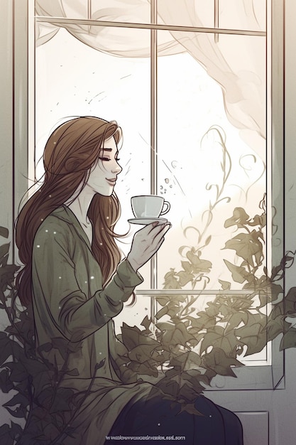 窓の前でコーヒーを飲んでいる女性の絵。
