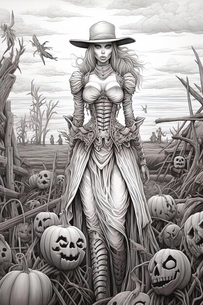 Photo a drawing of a woman in a field of pumpkins