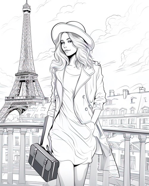 a drawing of a woman in a hat and a suitcase