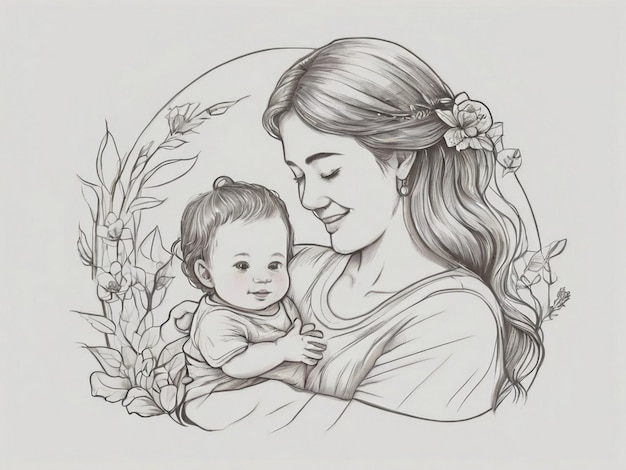 a drawing of a woman and her baby with a floral wreath on the front