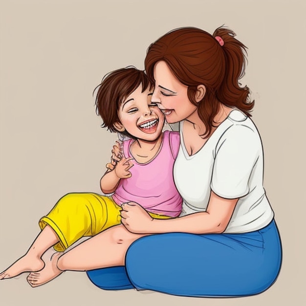 a drawing of a woman and her child with a ice cream cone