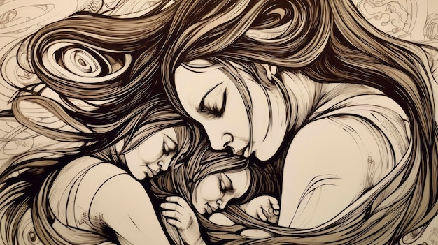 A drawing of a woman and her daughter.