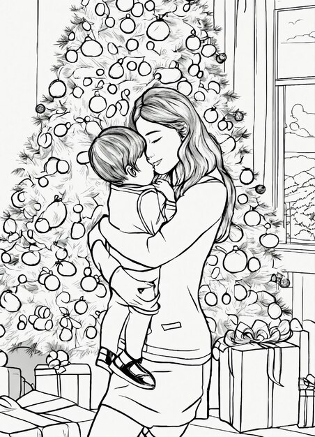 Foto un disegno di una donna che tiene un bambino davanti a un albero di natale