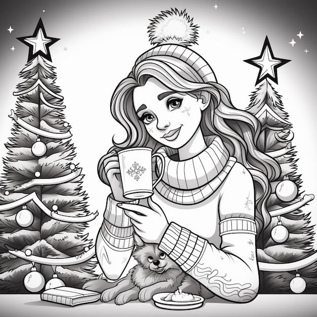 Photo a drawing of a woman holding a cup of coffee in front of a christmas tree generative ai