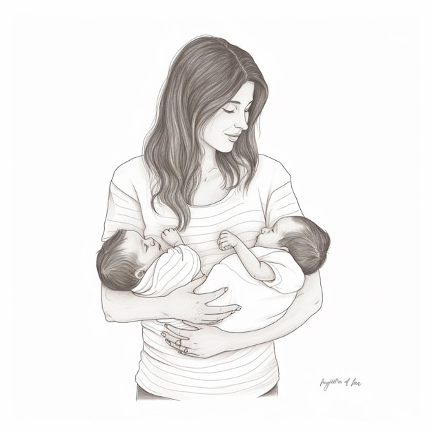 A drawing of a woman holding two babies.