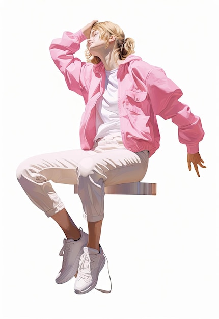 a drawing of a woman in a pink blouse doing leg lifts in the style of gigantic scale