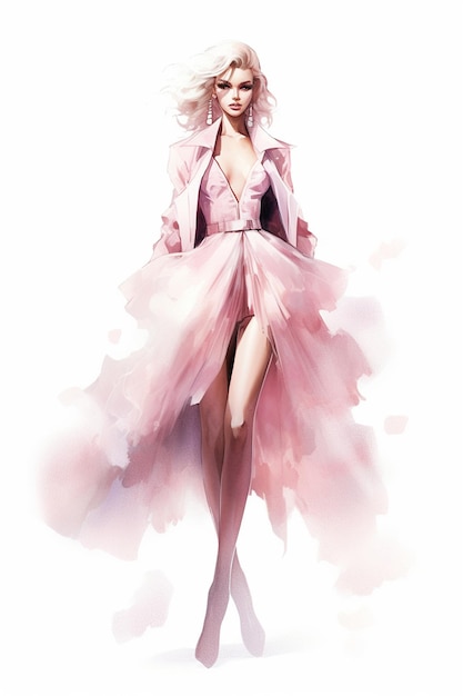 a drawing of a woman in a pink dress with a pink dress.