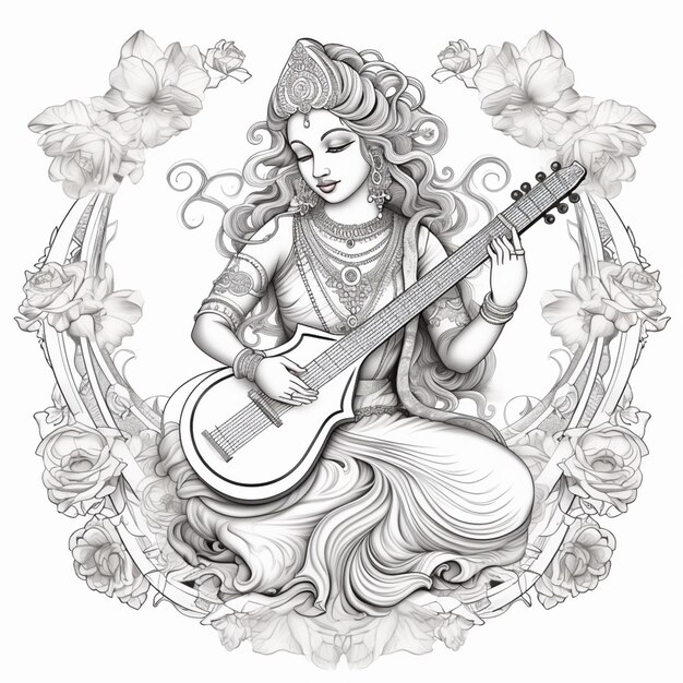 Photo a drawing of a woman playing a guitar in a floral frame generative ai