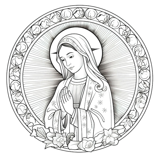 A drawing of a woman praying in a circle with the words mother in the middle