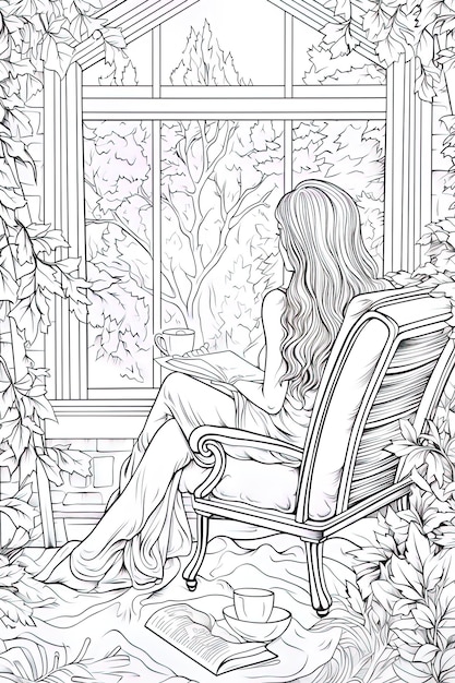 a drawing of a woman reading a book by a window.