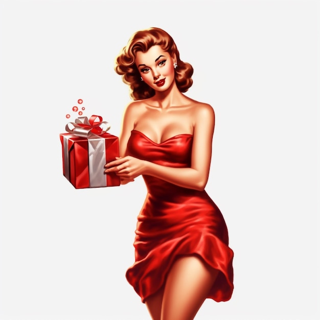 A Drawing of a Woman in A Red Dress Christmas Pin Up girl AI Generative