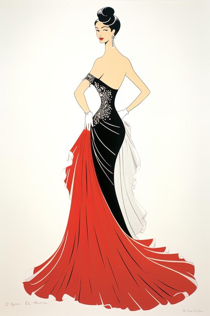 Photo a drawing of a woman in a red dress with a black and white lace