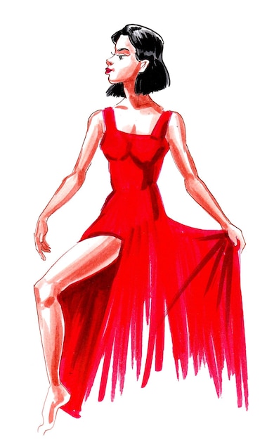 A drawing of a woman in a red dress with a red skirt that says'i'm a dancer '