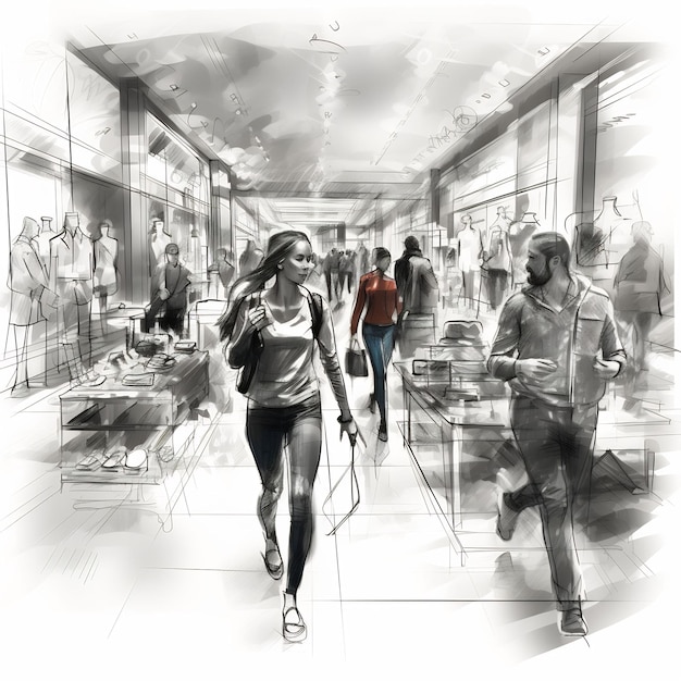 a drawing of a woman running in a store with a man running