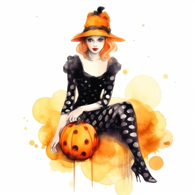 a drawing of a woman sitting on a chair with a pumpkin.