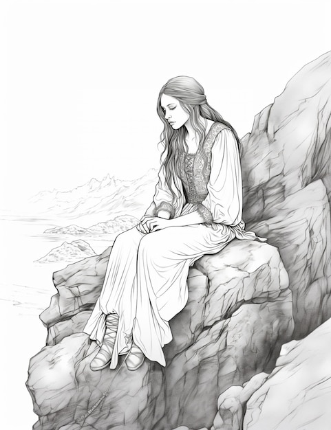 Foto un disegno di una donna seduta su una roccia in un abito generativo ai
