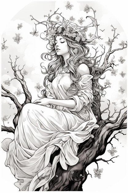 Foto un disegno di una donna seduta su un ramo d'albero generativo ai