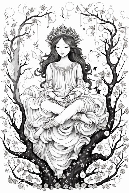 Foto un disegno di una donna seduta su un albero con una corona generativa ai