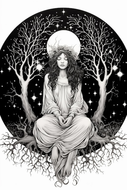 Foto un disegno di una donna seduta in un albero con una luna sopra la sua ai generativa