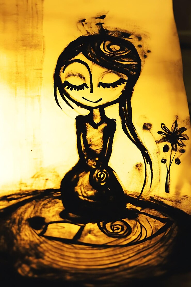 फोटो drawing of a woman sitting on a wooden table with a cat