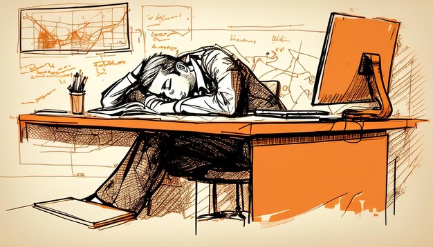 Photo a drawing of a woman sleeping at a desk with a laptop in the background