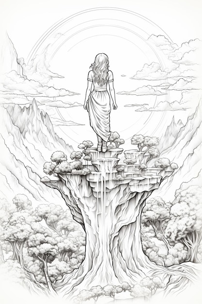 Photo a drawing of a woman standing on a cliff with a waterfall generative ai