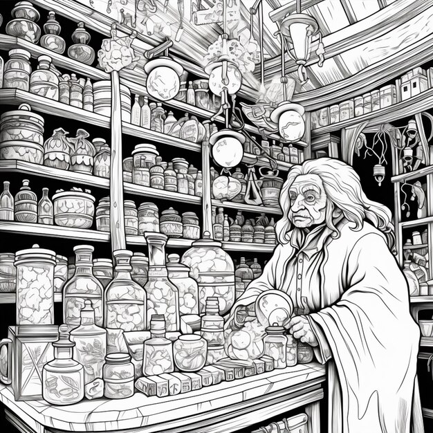 Photo a drawing of a woman in a store with jars and jars generative ai