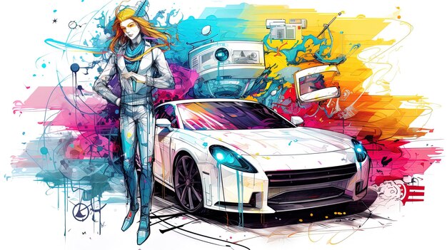 a drawing of a woman in a suit and a car with a car in the background