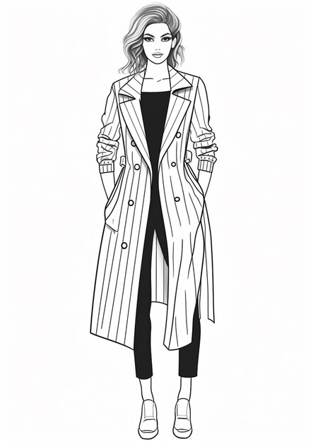 a drawing of a woman in a trench coat and pants generative ai