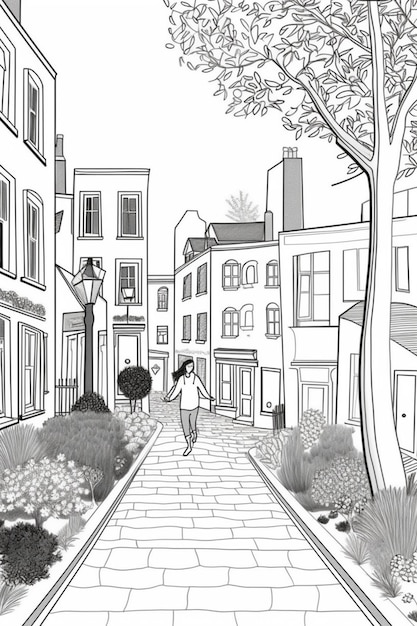 Photo a drawing of a woman walking down a street in a town generative ai