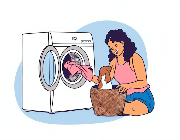 a drawing of a woman washing a washing machine with a pink towel