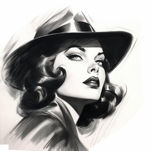 A drawing of a woman wearing a hat with a long black hat