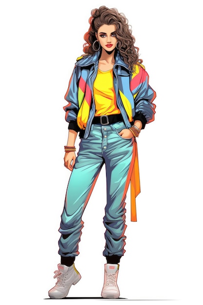a drawing of a woman wearing a jacket with a yellow shirt on it