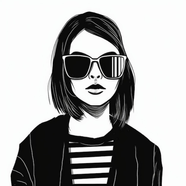 Photo a drawing of a woman wearing sunglasses and a striped shirt with a striped shirt on it.