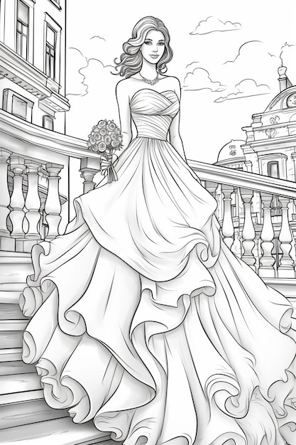 a drawing of a woman in a wedding dress walking down a set of stairs generative ai