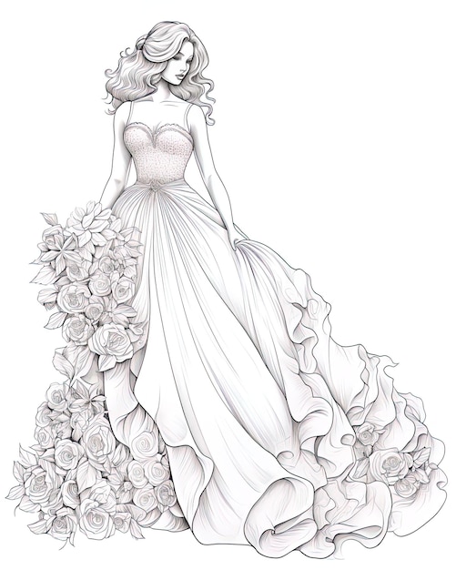 Foto un disegno di una donna in un vestito da sposa con fiori