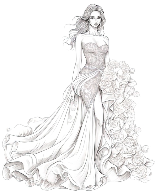 Photo a drawing of a woman in a white dress with flowers on it