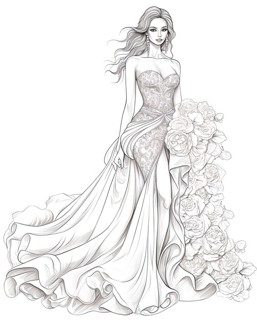 Photo a drawing of a woman in a white dress with flowers on it