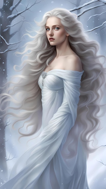 a drawing of a woman in a white dress with long hair.