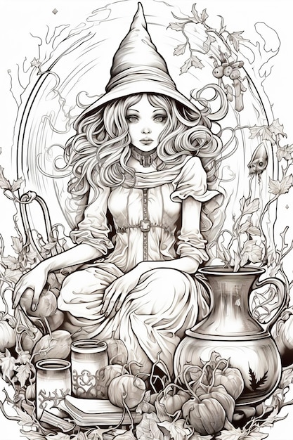 Photo a drawing of a woman in a witch costume sitting on a pot generative ai