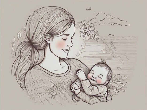 a drawing of a woman with a baby in her arms